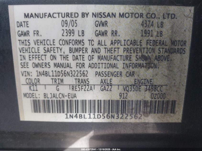 2006 Nissan Altima 3.5 Se VIN: 1N4BL11D56N322562 Lot: 43972541