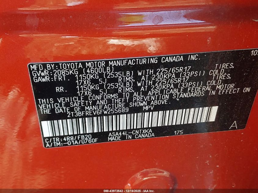 2015 Toyota Rav4 Le VIN: 2T3BFREV6FW255689 Lot: 43972542