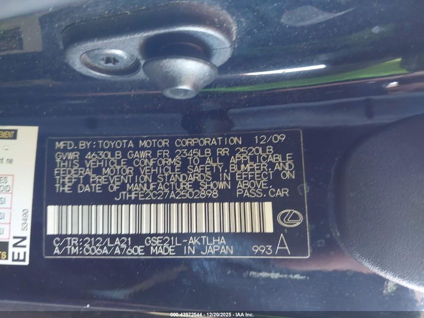2010 Lexus Is 350C VIN: JTHFE2C27A2502898 Lot: 43972544