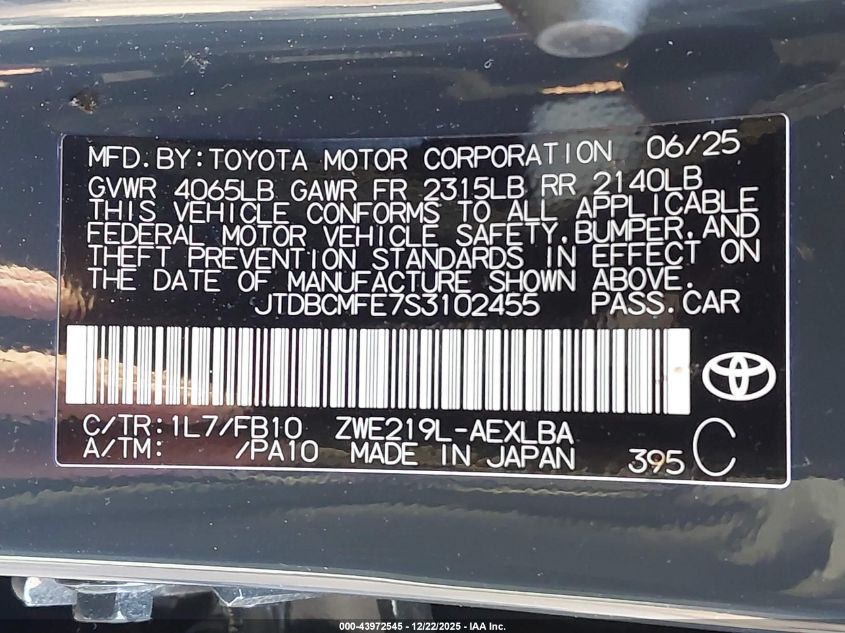 2025 Toyota Corolla Hybrid Le VIN: JTDBCMFE7S3102455 Lot: 43972545