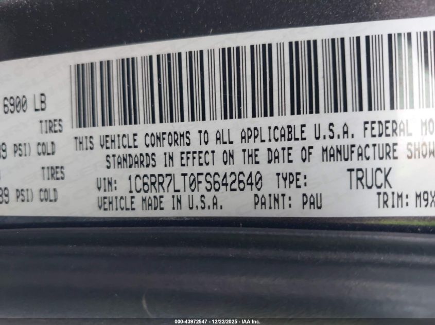 2015 Ram 1500 Big Horn VIN: 1C6RR7LT0FS642640 Lot: 43972547