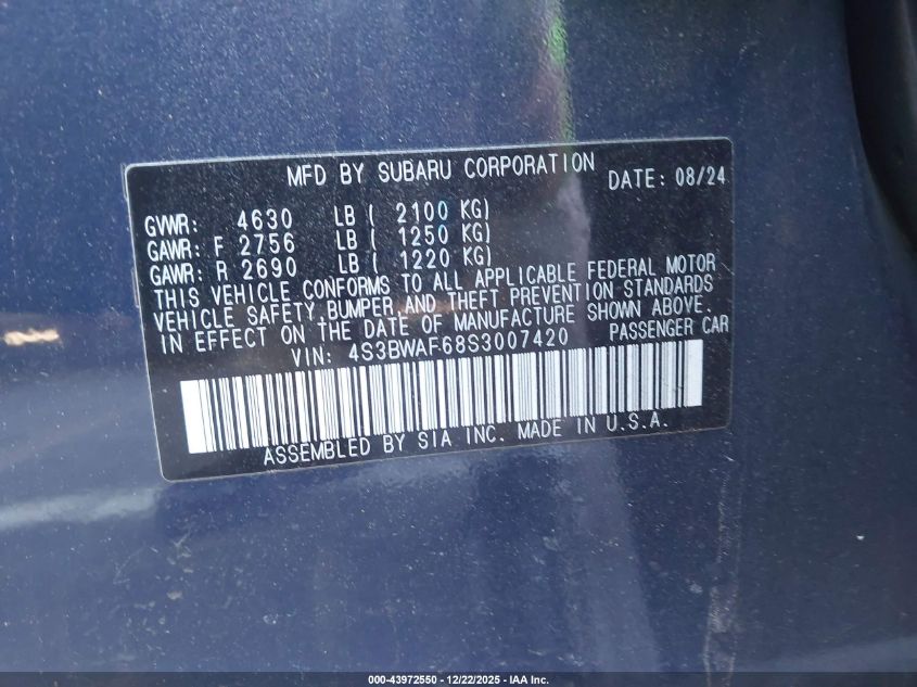2025 Subaru Legacy Premium VIN: 4S3BWAF68S3007420 Lot: 43972550