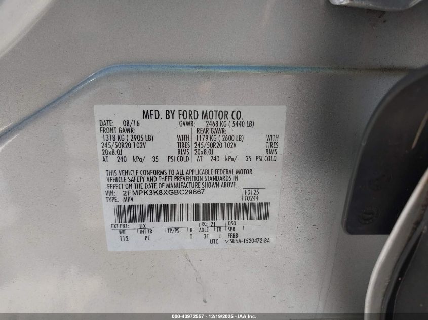 2016 Ford Edge Titanium VIN: 2FMPK3K8XGBC29867 Lot: 43972557