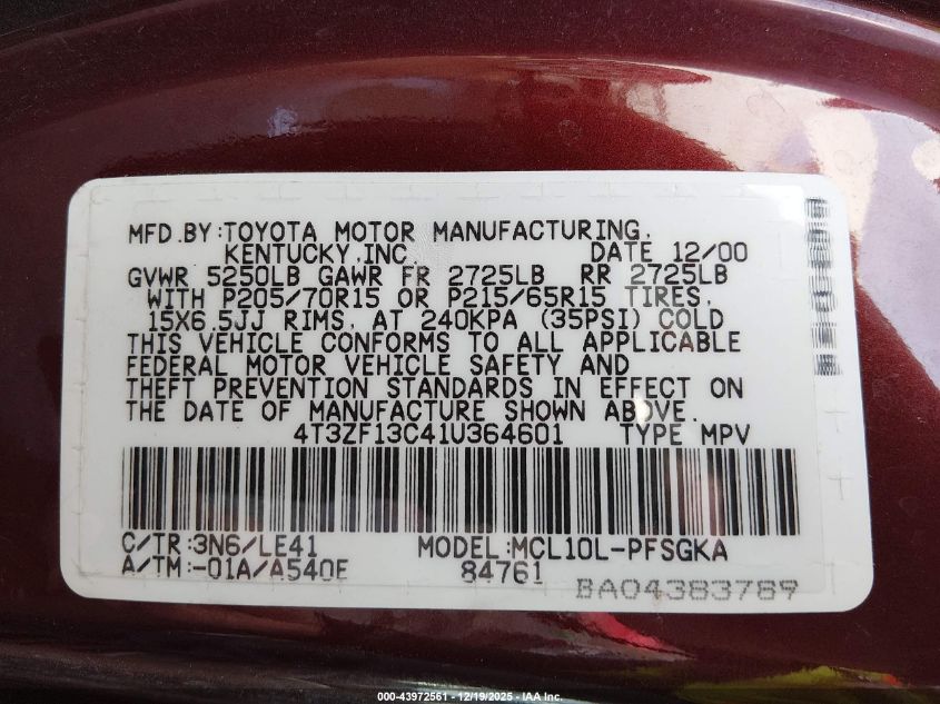 2001 Toyota Sienna Xle VIN: 4T3ZF13C41U364601 Lot: 43972561