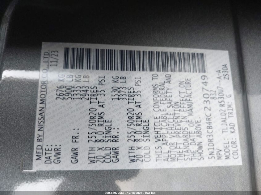 2024 Nissan Pathfinder Sl Fwd VIN: 5N1DR3CB4RC230749 Lot: 43972563