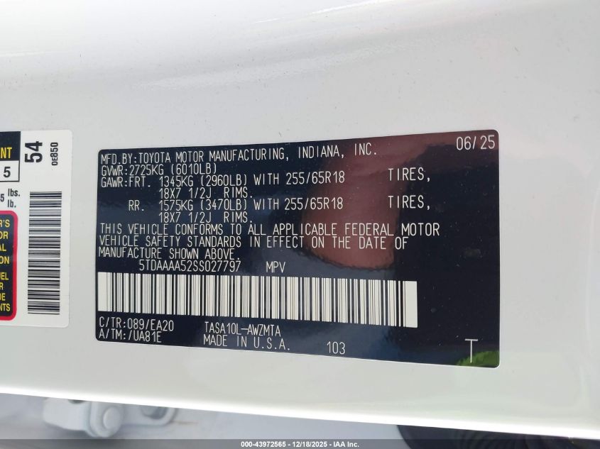 2025 Toyota Grand Highlander Xle VIN: 5TDAAAA52SS027797 Lot: 43972565