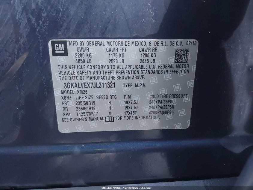 2018 GMC Terrain Slt VIN: 3GKALVEX7JL311321 Lot: 43972566