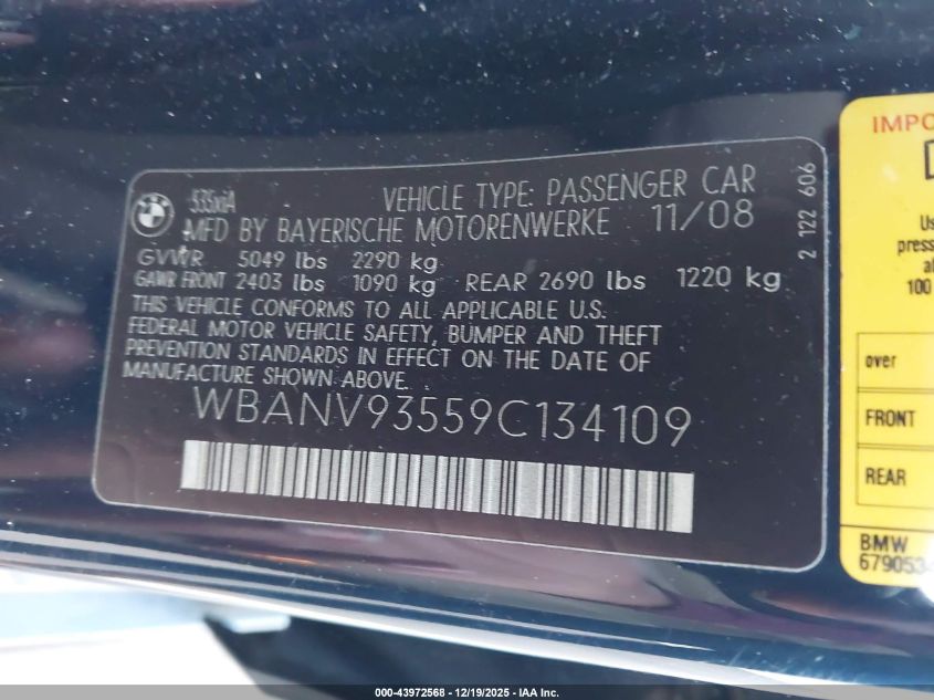 2009 BMW 535I xDrive VIN: WBANV93559C134109 Lot: 43972568