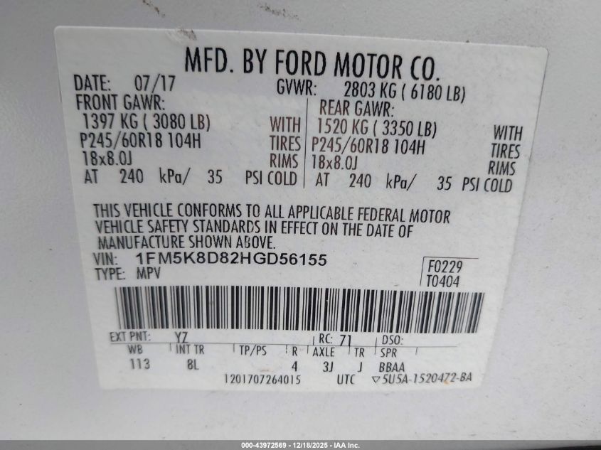 2017 Ford Explorer Xlt VIN: 1FM5K8D82HGD56155 Lot: 43972569