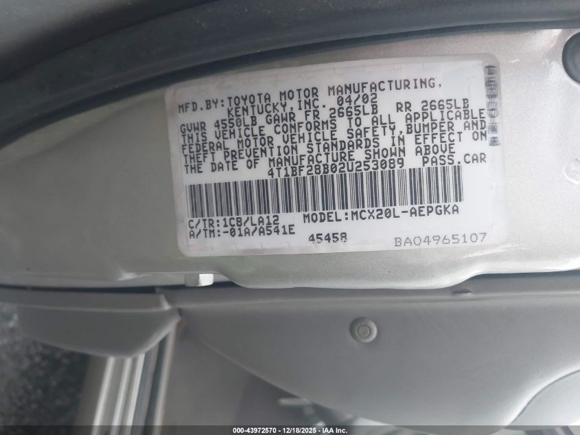 2002 Toyota Avalon Xls VIN: 4T1BF28B02U253089 Lot: 43972570