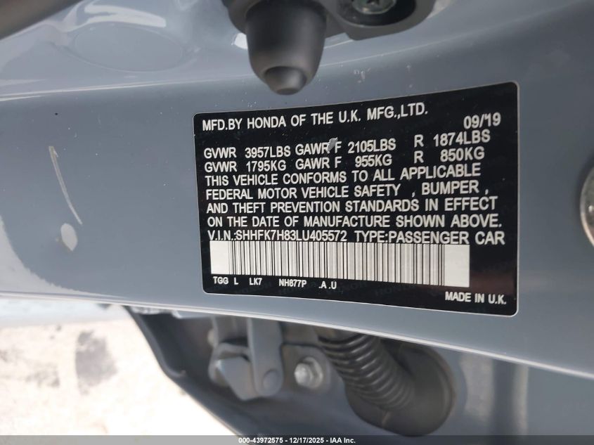 2020 Honda Civic Ex-L VIN: SHHFK7H83LU405572 Lot: 43972575