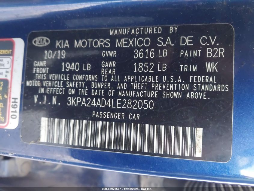 2020 Kia Rio S VIN: 3KPA24AD4LE282050 Lot: 43972577