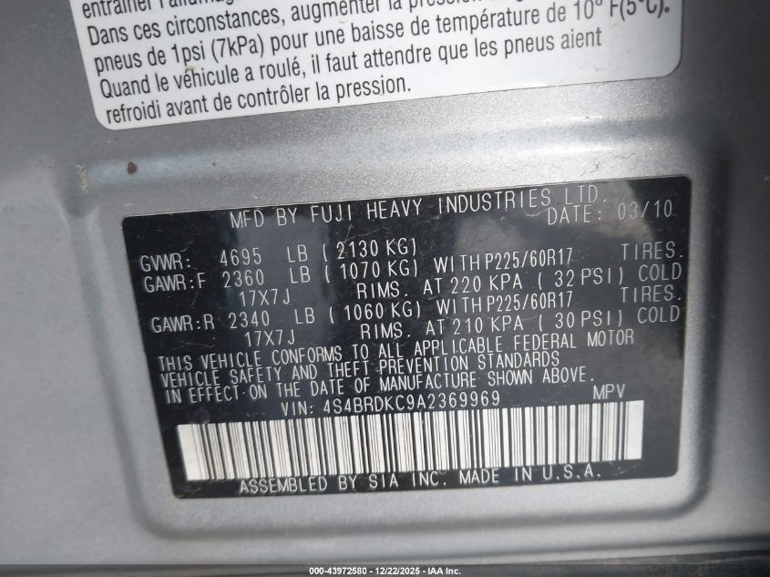 2010 Subaru Outback 3.6R Limited VIN: 4S4BRDKC9A2369969 Lot: 43972580