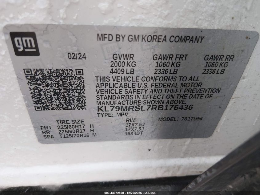 2024 Chevrolet Trailblazer Awd Lt VIN: KL79MRSL7RB176436 Lot: 43972590