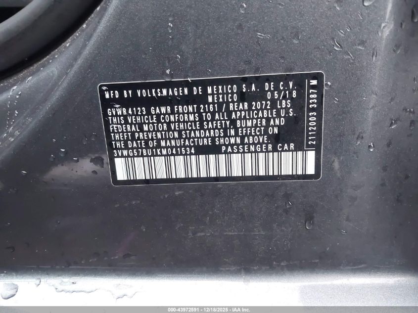 2019 Volkswagen Jetta 1.4T Sel Premium VIN: 3VWG57BU1KM041534 Lot: 43972591