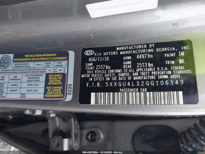 2016 Kia Optima Ex VIN: 5XXGU4L32GG106149 Lot: 43972594