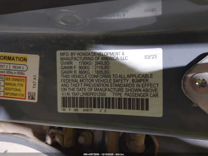 2023 Honda Civic Sport VIN: 19XFL2H80PE012500 Lot: 43972596