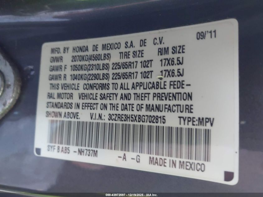 2011 Honda Cr-V Ex VIN: 3CZRE3H5XBG702815 Lot: 43972597