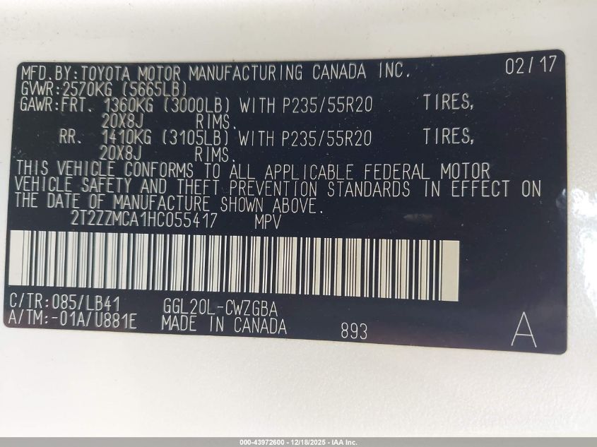 2017 Lexus Rx 350 VIN: 2T2ZZMCA1HC055417 Lot: 43972600