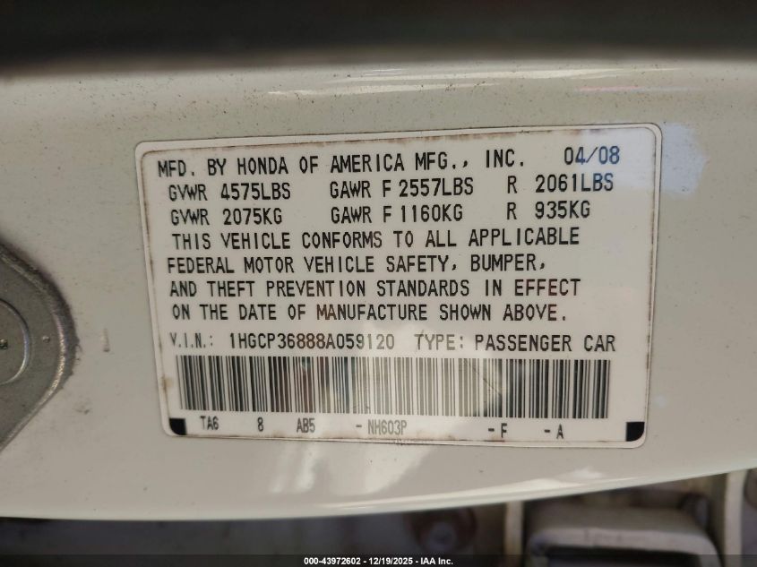 2008 Honda Accord 3.5 Ex-L VIN: 1HGCP36888A059120 Lot: 43972602