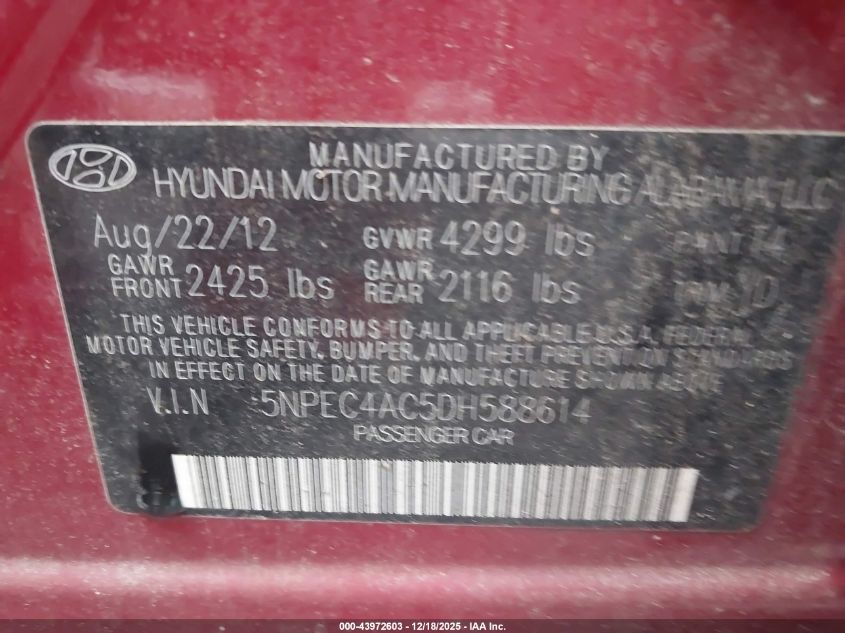 2013 Hyundai Sonata Limited VIN: 5NPEC4AC4DH612434 Lot: 43972603