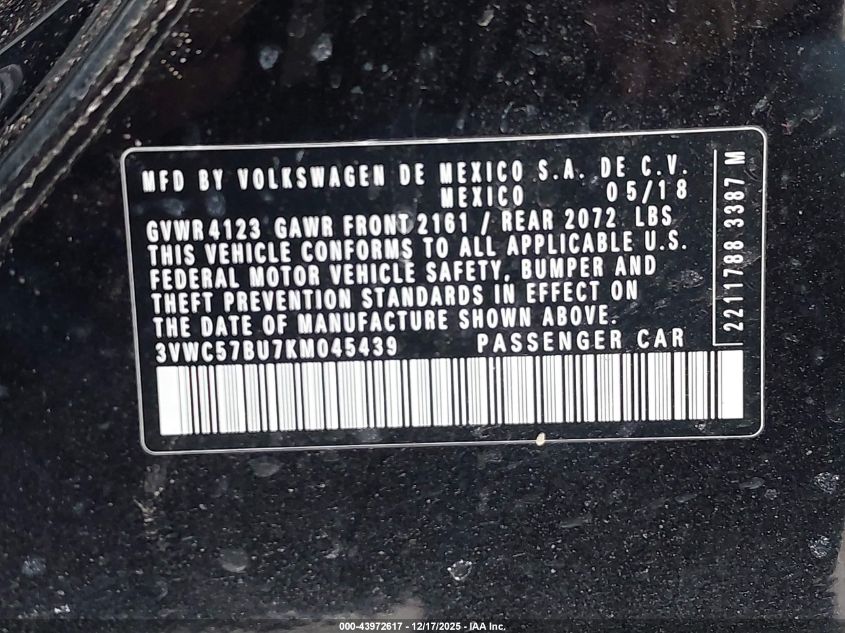2019 Volkswagen Jetta 1.4T R-Line/1.4T S/1.4T Se VIN: 3VWC57BU7KM045439 Lot: 43972617