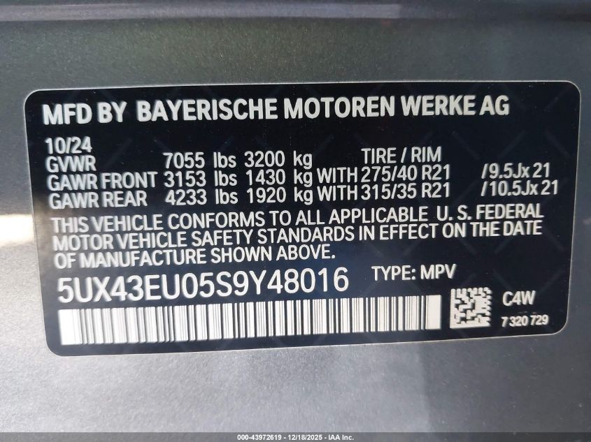 2025 BMW X5 Phev xDrive50E VIN: 5UX43EU05S9Y48016 Lot: 43972619
