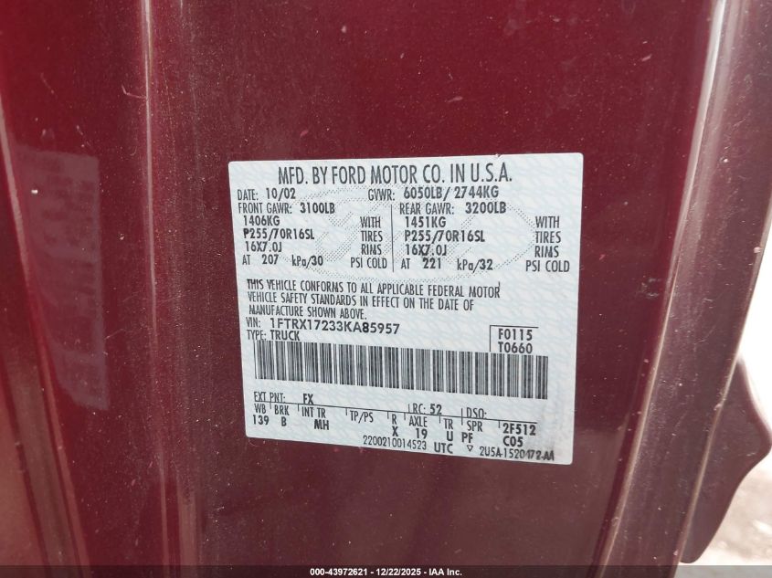 2003 Ford F-150 Xl/Xlt VIN: 1FTRX17233KA85957 Lot: 43972621