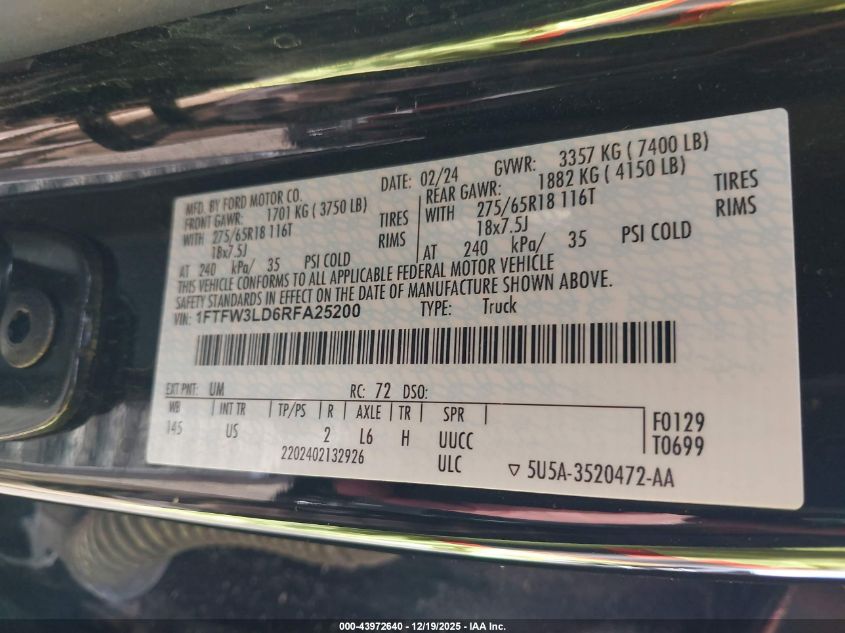 2024 Ford F-150 Xlt VIN: 1FTFW3LD6RFA25200 Lot: 43972640