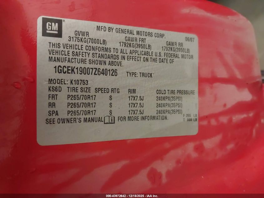 2007 Chevrolet Silverado 1500 Lt1 VIN: 1GCEK19007Z640126 Lot: 43972642