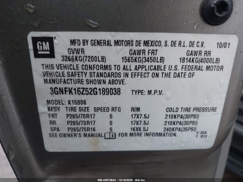 2002 Chevrolet Suburban 1500 Z71 VIN: 3GNFK16Z52G189038 Lot: 43972643