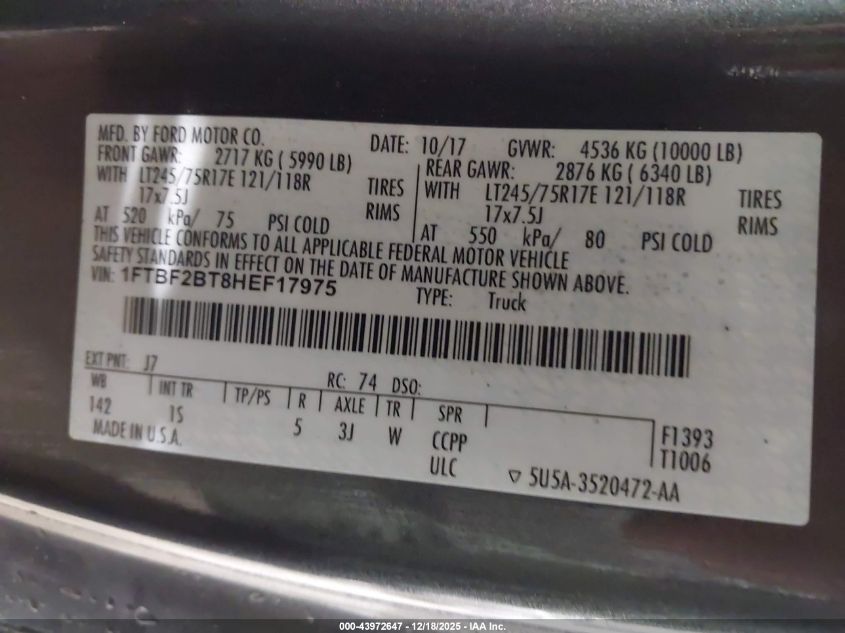 2017 Ford F-250 Xl VIN: 1FTBF2BT8HEF17975 Lot: 43972647