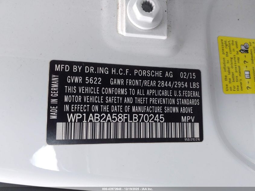 2015 Porsche Macan S VIN: WP1AB2A58FLB70245 Lot: 43972648
