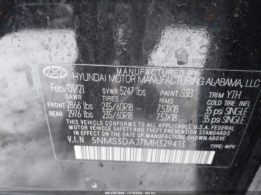 2021 Hyundai Santa Fe Sel VIN: 5NMS3DAJ7MH329413 Lot: 43972649