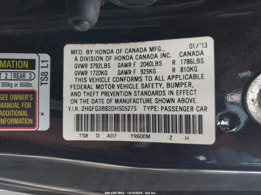 2013 Honda Civic Ex VIN: 2HGFG3B82DH505275 Lot: 43972652