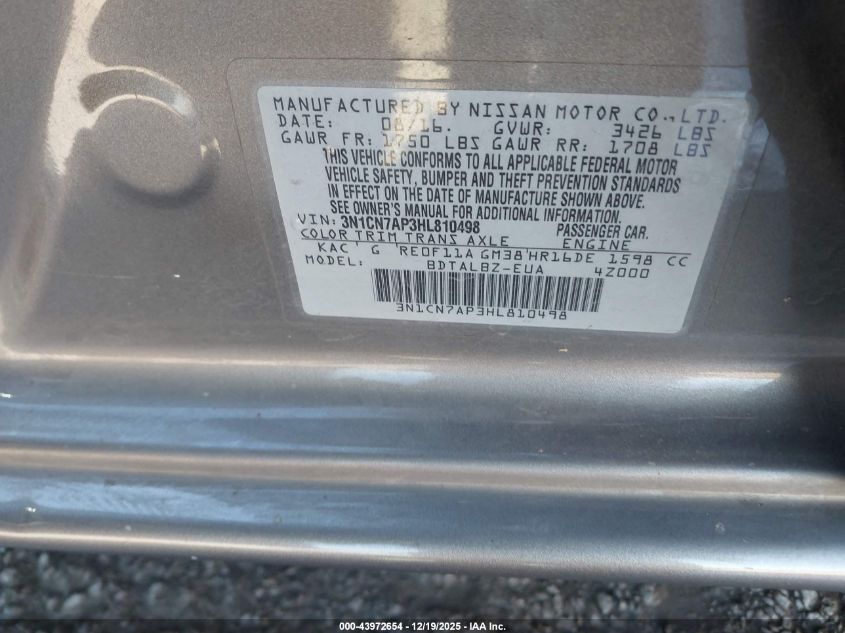 2017 Nissan Versa 1.6 Sv VIN: 3N1CN7AP3HL810498 Lot: 43972654