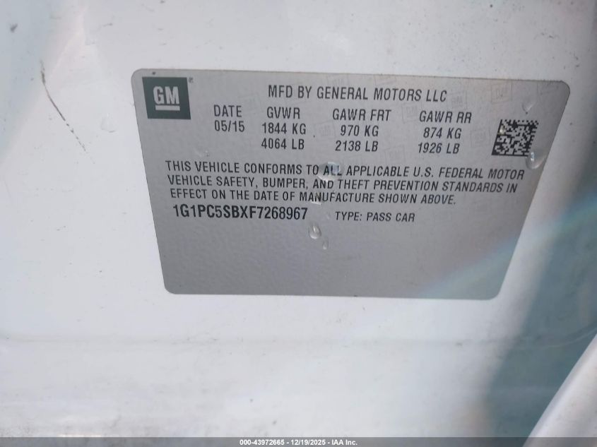 2015 Chevrolet Cruze 1Lt Auto VIN: 1G1PC5SBXF7268967 Lot: 43972665