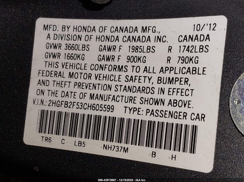2012 Honda Civic Lx VIN: 2HGFB2F53CH605599 Lot: 43972667
