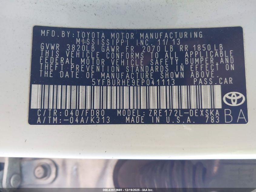 2014 Toyota Corolla S Plus VIN: 5YFBURHE9EP041113 Lot: 43972669