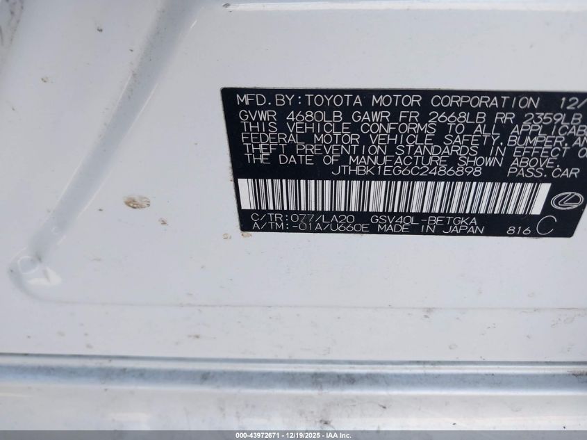 2012 Lexus Es 350 VIN: JTHBK1EG6C2486898 Lot: 43972671