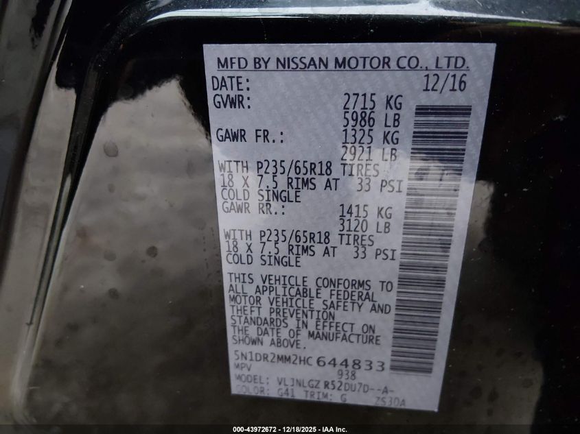 2017 Nissan Pathfinder Sl VIN: 5N1DR2MM2HC644833 Lot: 43972672