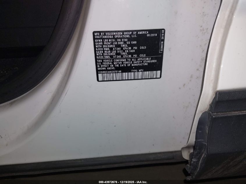 2019 Volkswagen Atlas 3.6L V6 Se W/Technology VIN: 1V2UR2CA8KC575146 Lot: 43972676