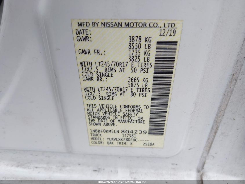 2020 Nissan Nv Cargo Nv1500 Sv Standard Roof V6 VIN: 1N6BF0KM5LN804239 Lot: 43972677