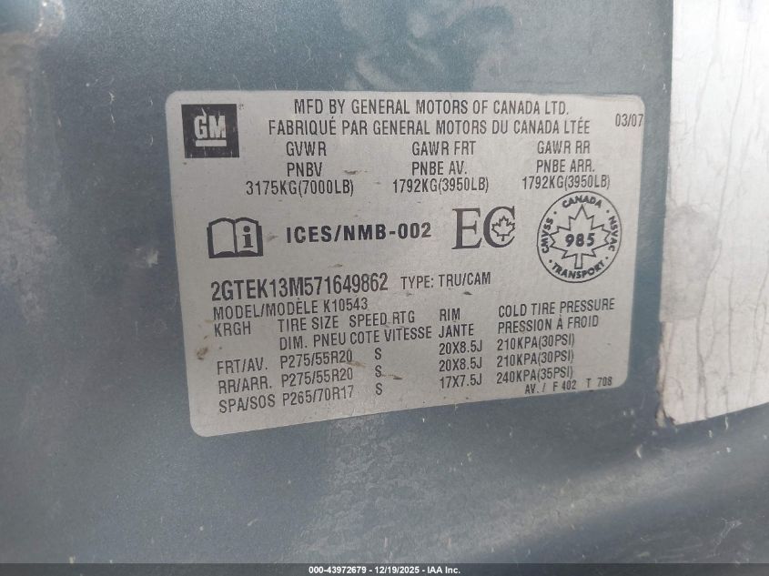 2007 GMC Sierra 1500 Sle1/Sle2/Slt/Work Truck VIN: 2GTEK13M571649862 Lot: 43972679