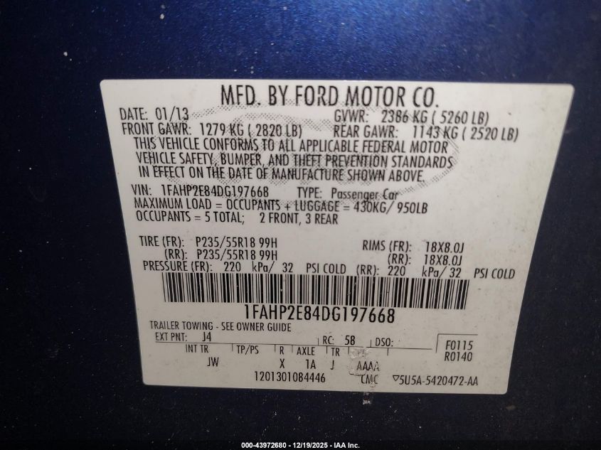 2013 Ford Taurus Sel VIN: 1FAHP2E84DG197668 Lot: 43972680