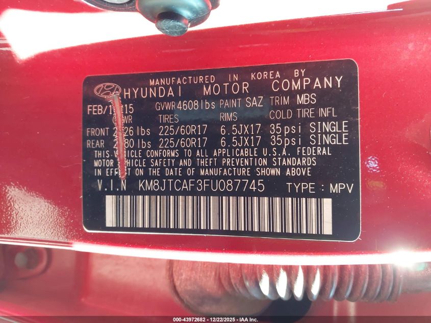 2015 Hyundai Tucson Gls VIN: KM8JTCAF3FU087745 Lot: 43972682