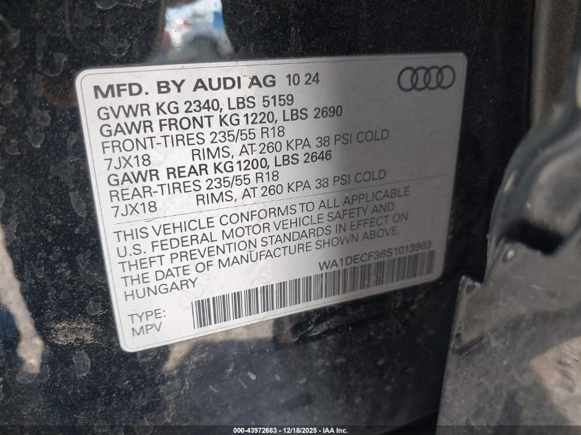 2025 Audi Q3 Premium 45 Tfsi S Line Quattro Tiptronic VIN: WA1DECF36S1013963 Lot: 43972683