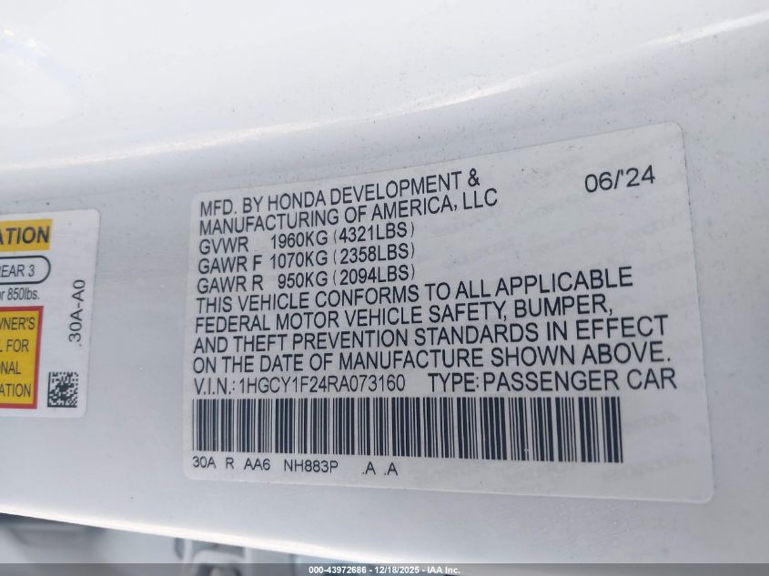 2024 Honda Accord Lx VIN: 1HGCY1F24RA073160 Lot: 43972686