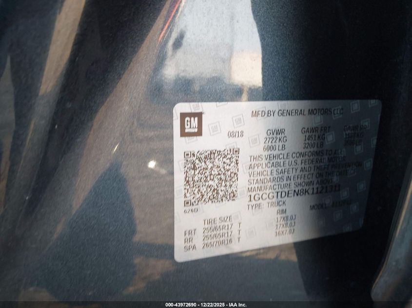 2019 Chevrolet Colorado Z71 VIN: 1GCGTDEN8K1121311 Lot: 43972690