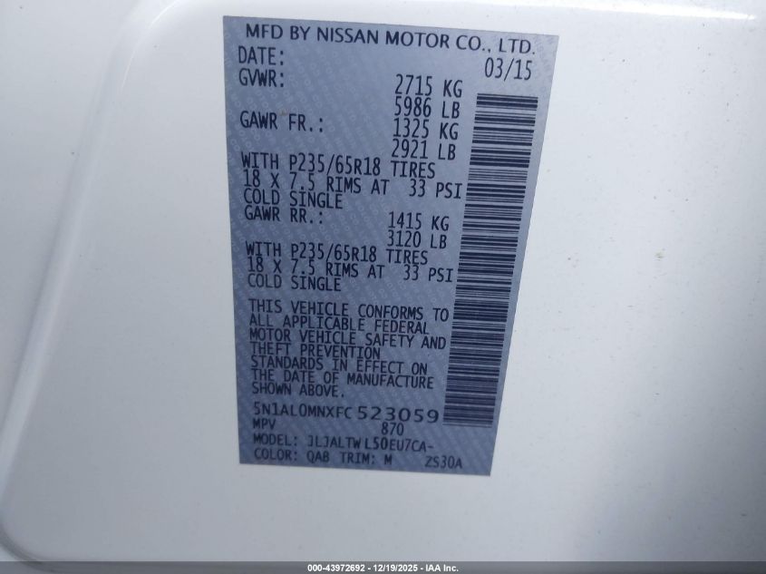 2015 Infiniti Qx60 VIN: 5N1AL0MNXFC523059 Lot: 43972692